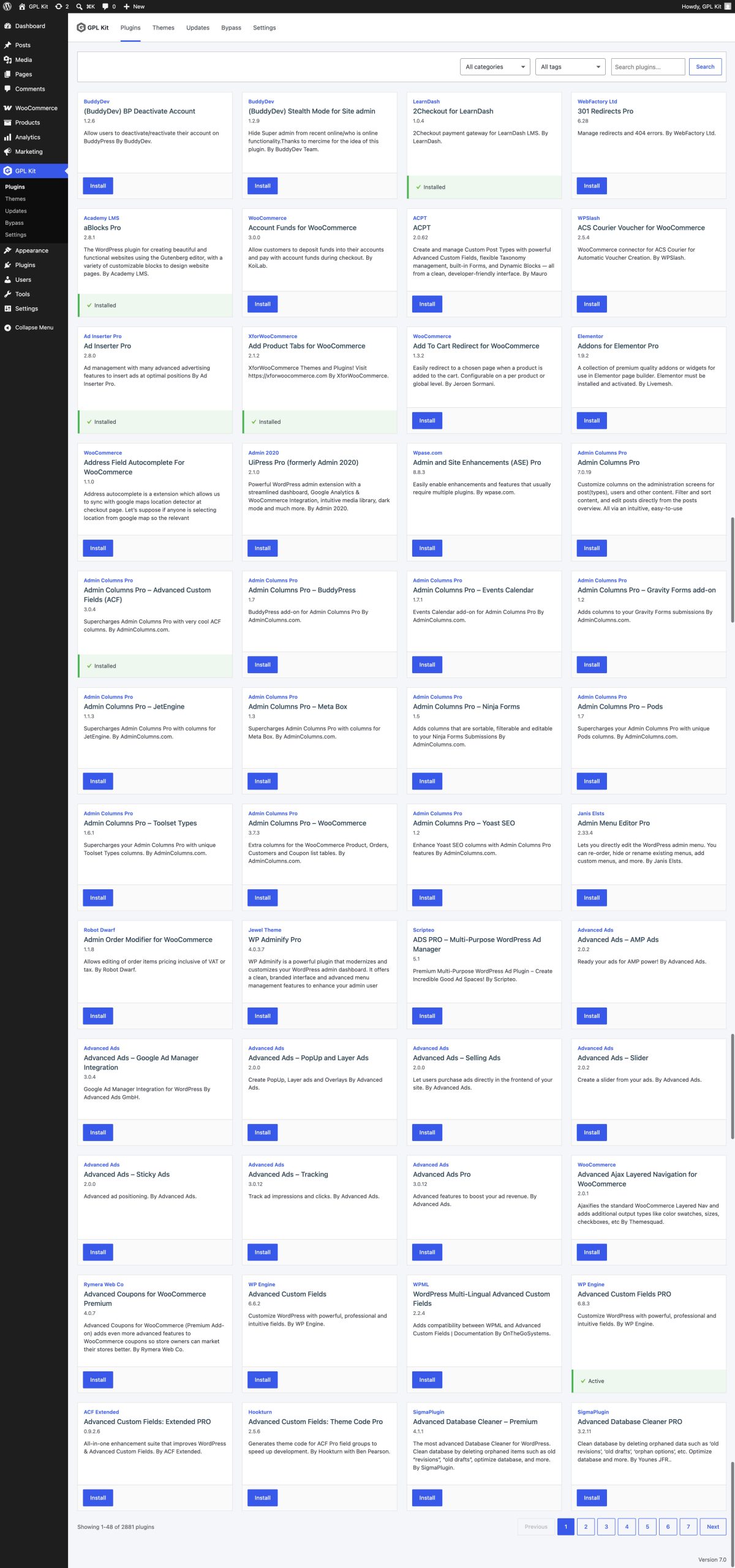 GPL Kit plugin dashboard showing premium WordPress plugins